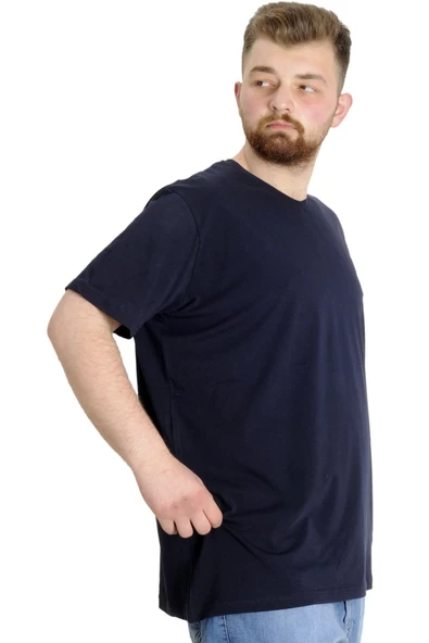Mode XL Büyük Beden T-Shirt V Yaka Likralı 20150 Lacivert - Resim 8