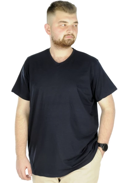 Mode XL Büyük Beden T-Shirt V Yaka Likralı 20150 Lacivert - Resim 6