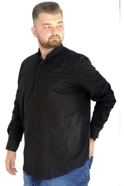 Mode XL Büyük Beden Erkek Keten Likralı UKol Hakim Yaka Gömlek 20388 Siyah - Resim 2