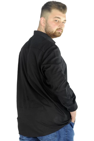 Mode XL Büyük Beden Erkek Keten Likralı UKol Hakim Yaka Gömlek 20388 Siyah - Resim 4