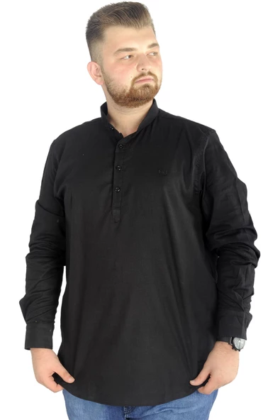 Mode XL Büyük Beden Erkek Keten Likralı UKol Hakim Yaka Gömlek 20388 Siyah - Resim 7