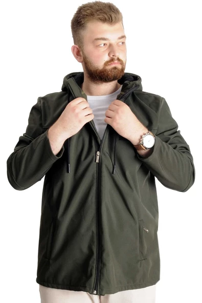 Mode XL Büyük Beden Erkek Kapüşonlu Mont Waterproof Softshell 21235 Haki - 4