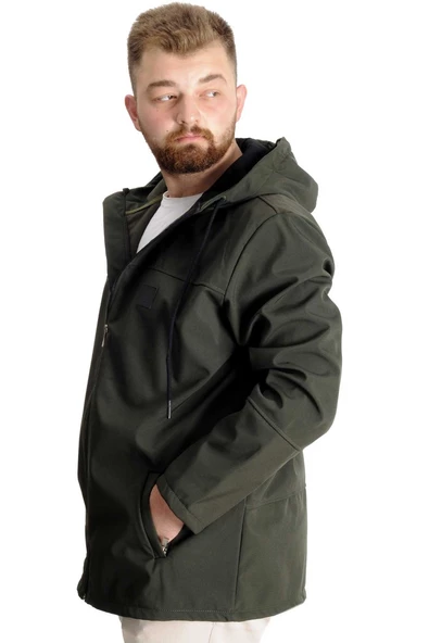 Mode XL Büyük Beden Erkek Kapüşonlu Mont Waterproof Softshell 21235 Haki - 2