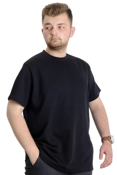 Mode XL Büyük Beden Erkek T-shirt Bisiklet Yaka INTERLOK 23162 Lacivert - Resim 2