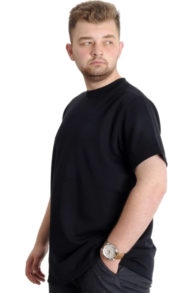 Mode XL Büyük Beden Erkek T-shirt Bisiklet Yaka INTERLOK 23162 Lacivert - Resim 3