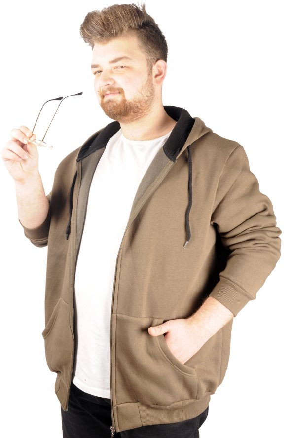 Mode XL Erkek Sweatshirt Kapşonlu Zippered Basic 20543 Haki