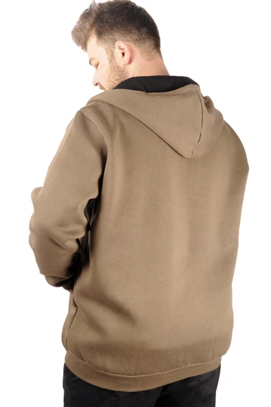 Mode XL Erkek Sweatshirt Kapşonlu Zippered Basic 20543 Haki - Resim 8