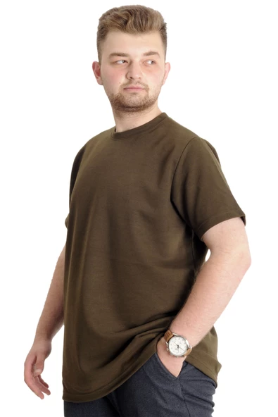 Mode XL Büyük Beden Erkek T-shirt Bisiklet Yaka INTERLOK 23162 Haki - 2