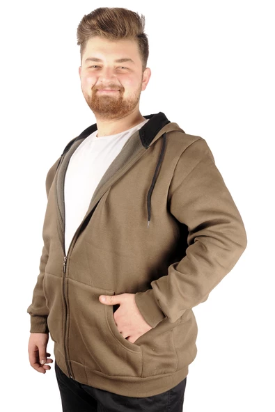 Mode XL Erkek Sweatshirt Kapşonlu Zippered Basic 20543 Haki - Resim 4