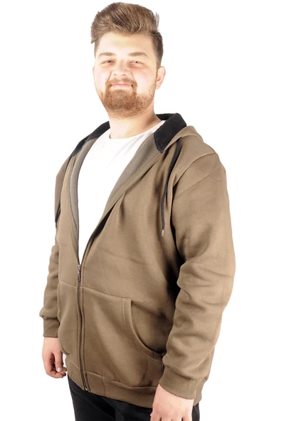 Mode XL Erkek Sweatshirt Kapşonlu Zippered Basic 20543 Haki - Resim 10