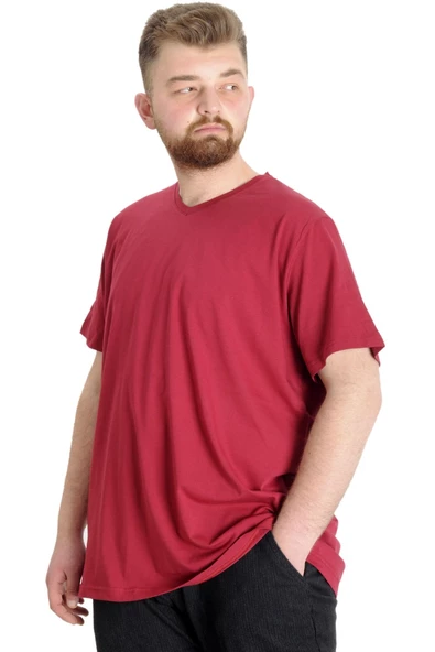 Mode XL Büyük Beden T-Shirt V Yaka Likralı 20150 Bordo - Resim 3