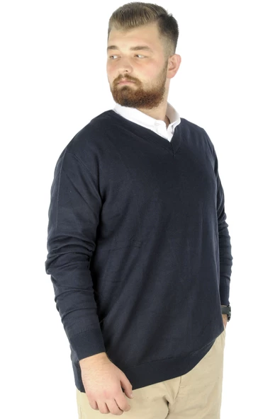 Mode XL Büyük Beden Kazak V Yaka 22206 Lacivert - 2