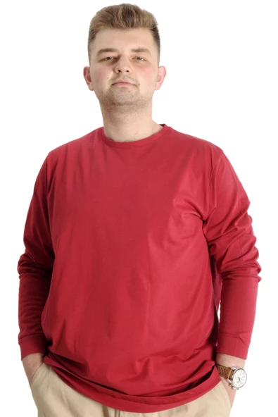 Mode XL Büyük Beden Erkek Tshirt Uzun Kol Manşetli 20103 Bordo ürün görseli 1