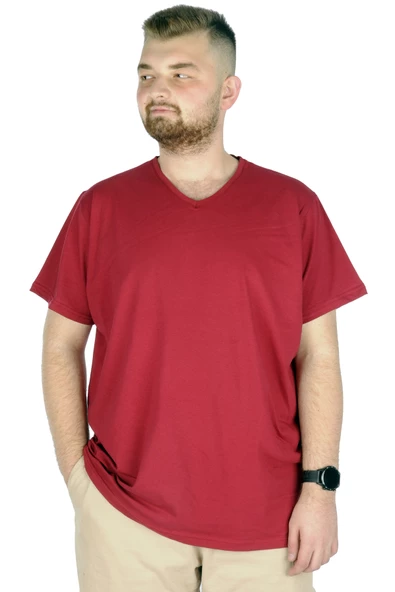 Mode XL Büyük Beden T-Shirt V Yaka Likralı 20150 Bordo - Resim 6
