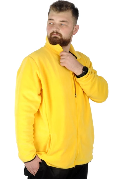 Mode XL Büyük Beden Erkek Fermuarlı Polar Hırka Dik Yaka 22550 Sarı - 2
