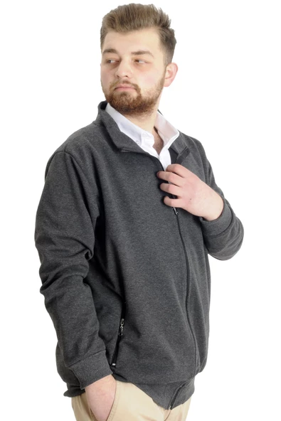 Mode XL Buyuk Beden Erkek Hırka Fermuarlı Stell Dik Yaka 20571 Antramelanj - 2