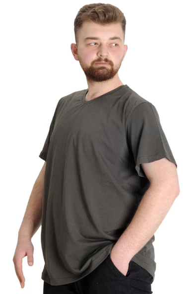 Mode XL Büyük Beden T-Shirt V Yaka Likralı 20150 Haki - 1