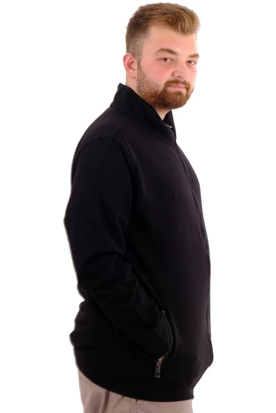 Mode XL Buyuk Beden Erkek Hırka Fermuarlı Stell  Dik Yaka 20571 Siyah - 10