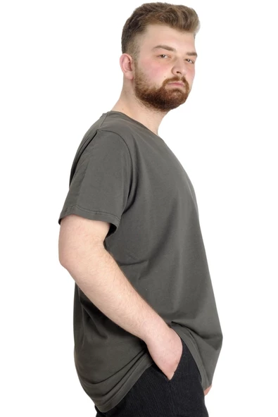 Mode XL Büyük Beden T-Shirt V Yaka Likralı 20150 Haki - 8