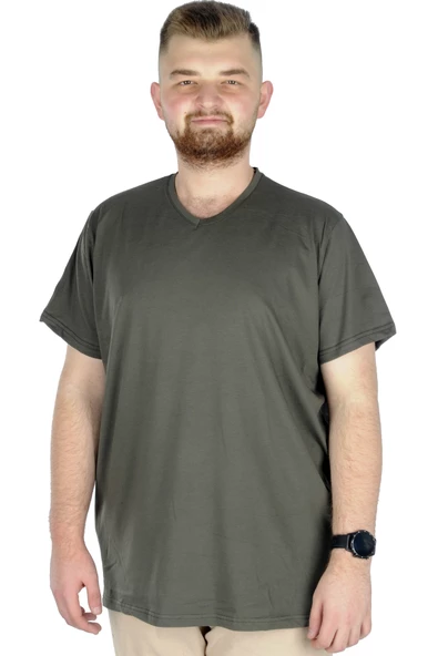 Mode XL Büyük Beden T-Shirt V Yaka Likralı 20150 Haki - 5