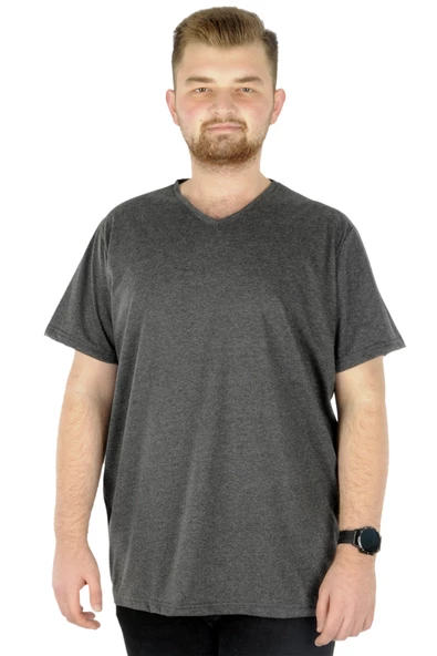Mode XL Büyük Beden Tshirt V Yaka 20032 Antrasit - Resim 4