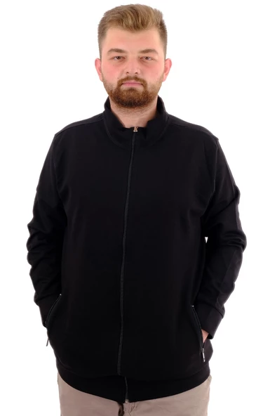 Mode XL Buyuk Beden Erkek Hırka Fermuarlı Stell  Dik Yaka 20571 Siyah - 8