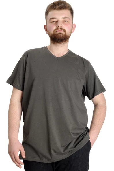 Mode XL Büyük Beden T-Shirt V Yaka Likralı 20150 Haki - 2