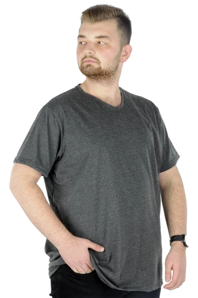 Mode XL Büyük Beden Tshirt V Yaka 20032 Antrasit - Resim 2