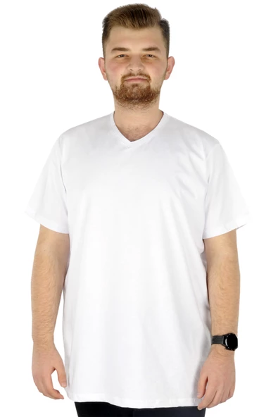 Mode XL Büyük Beden Erkek Tshirt V Yaka Basic 20032 Beyaz - Resim 5