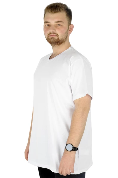 Mode XL Büyük Beden Erkek Tshirt V Yaka Basic 20032 Beyaz - Resim 3
