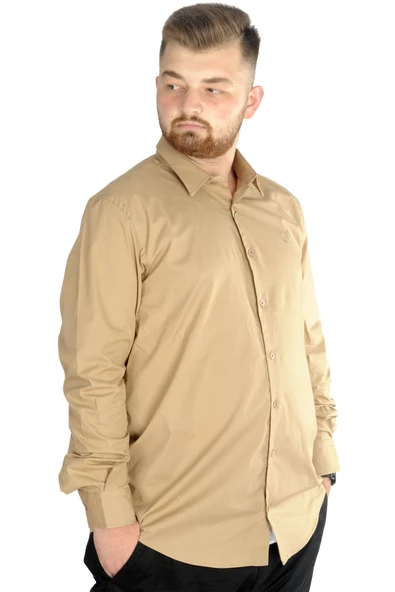 Mode XL Büyük Beden Erkek Klasik Gömlek Likralı 20351 Bej - Resim 2