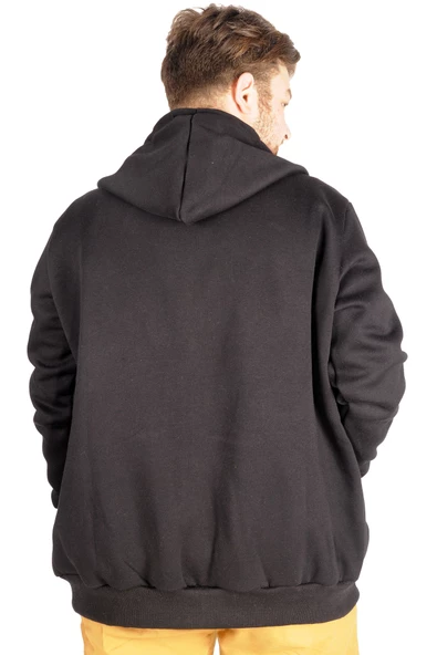 Mode XL Erkek Sweatshirt Kapşonlu Zippered Basic 20543 Siyah - Resim 3
