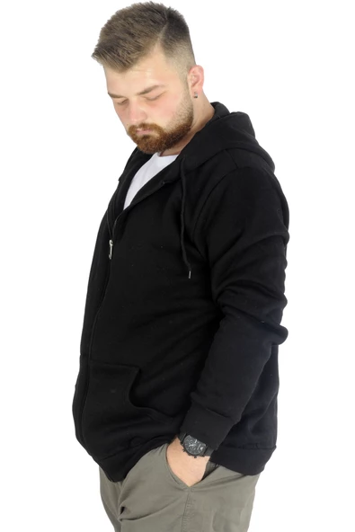 Mode XL Erkek Sweatshirt Kapşonlu Zippered Basic 20543 Siyah - Resim 4
