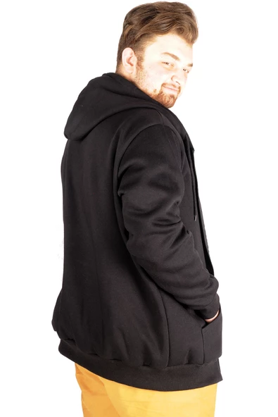 Mode XL Erkek Sweatshirt Kapşonlu Zippered Basic 20543 Siyah - Resim 7
