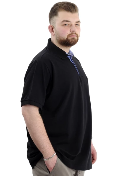 Mode XL Battal Beden Erkek Tshirt Polo Yaka Cepli Klasik Pike 20552 Siyah - Resim 7