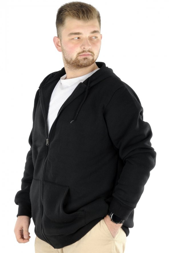 Mode XL Büyük Beden Erkek Sweatshirt Zippered Recycle B20533 Siyah - Resim 3