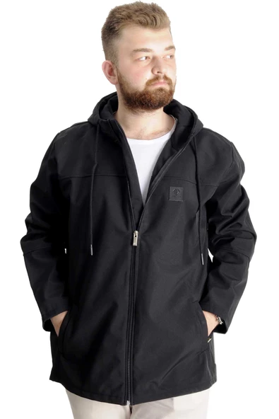 Mode XL Büyük Beden Erkek Kapüşonlu Mont Waterproof Softshell 21235 Siyah - 5