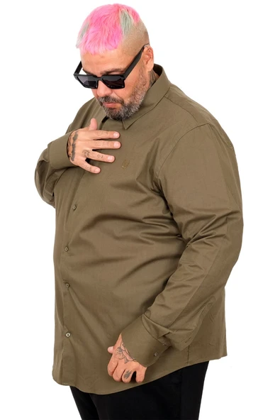 Mode XL Büyük Beden Erkek Klasik Gömlek Likralı 20351 Haki - Resim 5