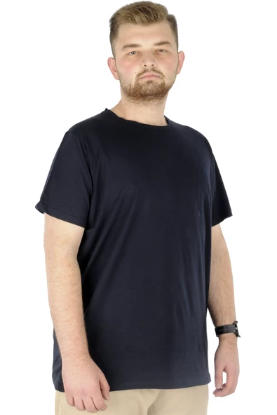 Mode XL Büyük Beden Likralı T-shirt Bisiklet Yaka 20149 Lacivert - Resim 2