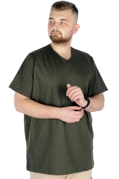 Mode XL Büyük Beden Tshirt V Yaka 20032 Haki - Resim 4