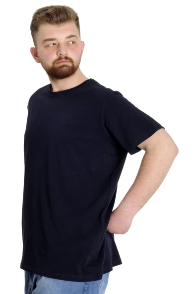 Mode XL Büyük Beden Likralı T-shirt Bisiklet Yaka 20149 Lacivert - Resim 7