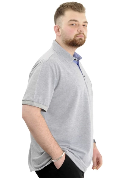 Mode XL Battal Beden Erkek Tshirt Polo Yaka Cepli Klasik Pike 20552 Gri Melanj - Resim 7