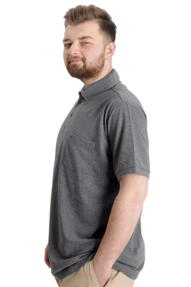 Mode XL Battal Beden Erkek Tshirt Polo Yaka Cepli Klasik Pike 20552 Antramelanj - 3