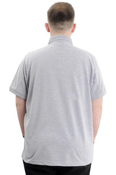 Mode XL Battal Beden Erkek Tshirt Polo Yaka Cepli Klasik Pike 20552 Gri Melanj - Resim 5
