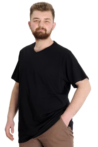 Mode XL Büyük Beden Erkek Tshirt V Yaka 20032 Siyah - Resim 8