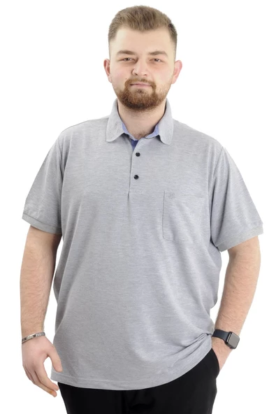 Mode XL Battal Beden Erkek Tshirt Polo Yaka Cepli Klasik Pike 20552 Gri Melanj ürün görseli 1