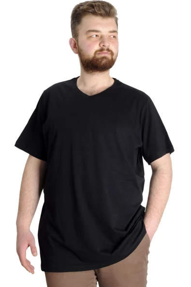 Mode XL Büyük Beden Erkek Tshirt V Yaka 20032 Siyah - Resim 6