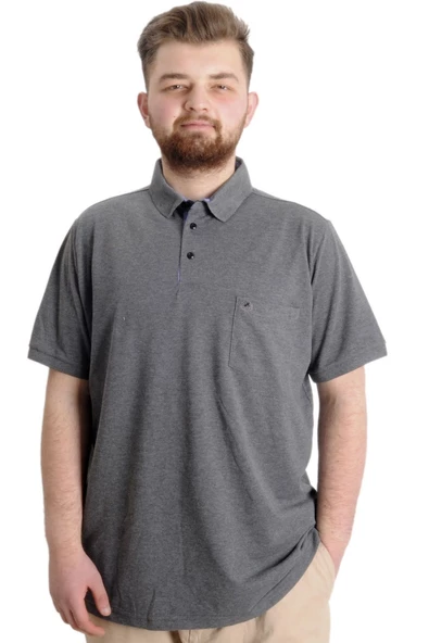 Mode XL Battal Beden Erkek Tshirt Polo Yaka Cepli Klasik Pike 20552 Antramelanj