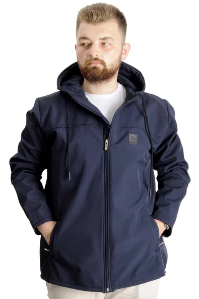 Mode XL Büyük Beden Erkek Kapüşonlu Mont Waterproof Softshell 21235 Lacivert - 5