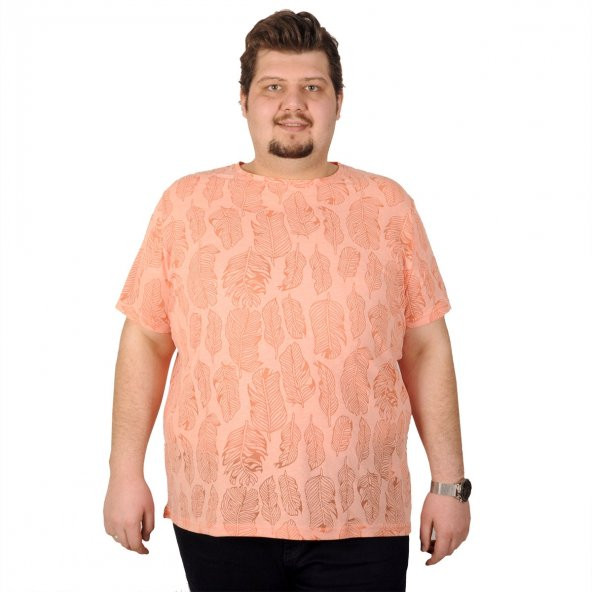 Mode XL Büyük Beden Erkek T-Shirt Bs Yaka Yaprak Desen 19119 Nar Çiçeği